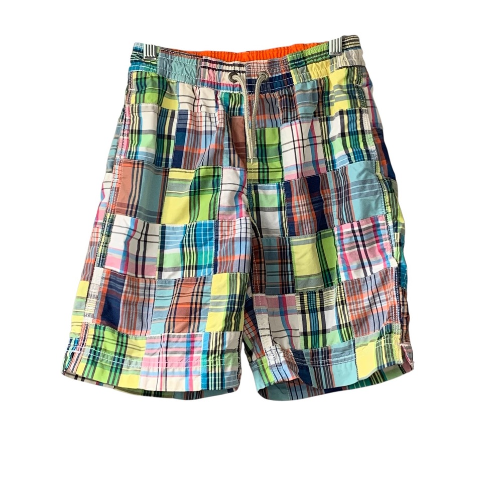 Gap Surf kids preppy multi plaid swim trunks with side and rear pockets. Size M